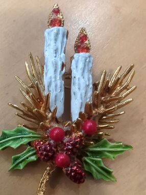 Festive Candle Vintage Brooch with Holly & Pinecones - Red, Green, Gold